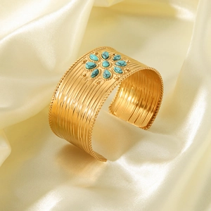 French vintage 18K gold plated stainless steel open bangle with natural turquoise stones