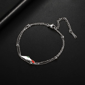 Silver double-layer chain bracelet featuring green and red enamel map charms on black leather