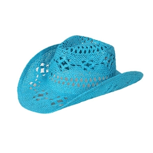 Handwoven bright blue hollow straw cowboy hat with a sun protection wide brim for summer