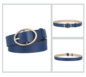 Detailed views of a blue leather belt with a golden oval buckle on a white background