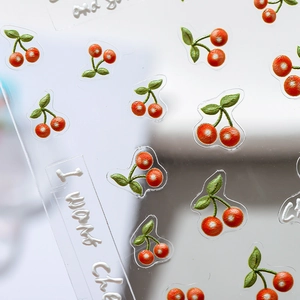 3D embossed cherry nail stickers with realistic fruit design and white lettering