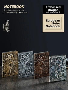 Close-up of A5 vintage journals featuring 3D dragon embossment and metallic finish