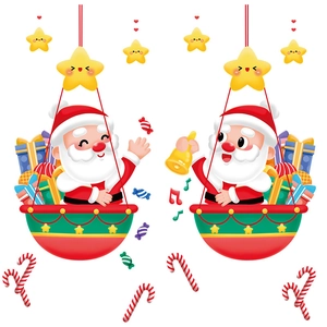 Christmas stickers set with Santa Claus in gift baskets, stars and festive ornaments