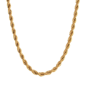 Detail of a high-polish golden rope chain necklace showing intricate twisted links