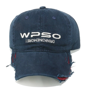 Vintage navy washed canvas baseball cap with distressed brim and WPSO 3D embroidery