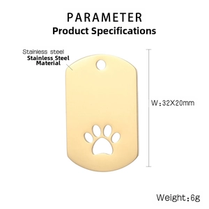 Detail of 32x20mm gold stainless steel pet tag with hollow cat paw print and specs