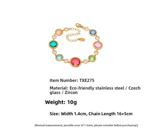 Detailed view of multicolor cubic zirconia bracelet in gold finish with extension chain