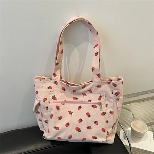 Corduroy Strawberry Print Tote Bag Large Capacity Shoulder Bag With Zipper Pocket Casual Handbag For Women Girls