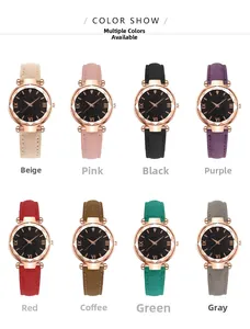Flat lay of eight starlight dial watches in assorted leather straps with rose gold cases