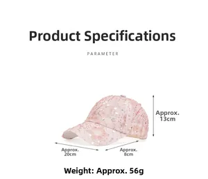 Detailed dimensions of pink sequin baseball cap with floral decor and mesh fabric
