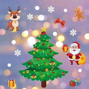 Detail of Christmas window stickers featuring Santa, reindeer, and gingerbread man decals