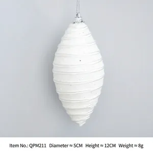 White glittery spindle-shaped Christmas ball ornament with spiral ribs and silver string