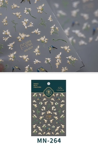 Detailed view of MN-264 floral nail stickers with bird patterns and matte finish