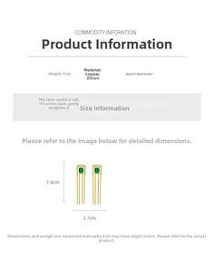 Detailed view of gold tassel earrings with green square zircon and dimensions measurement
