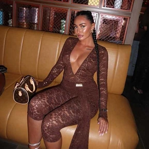 Sexy brown lace bodysuit with deep V-neck and long sleeves for party wear