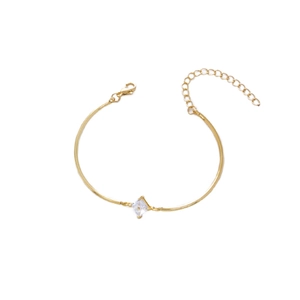 Minimalist gold bent tube bracelet with square cubic zirconia and adjustable chain link