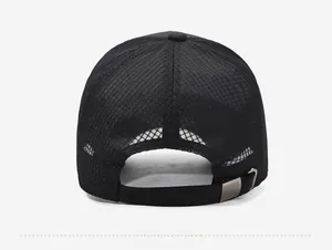 Back view of black mesh baseball cap showing breathable holes and metal buckle