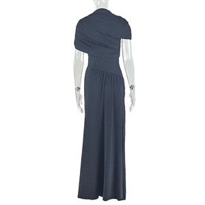 Detail view of dark grey ruched bodycon dress with textured knit back and waist pleats