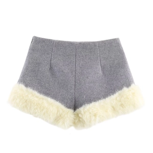Grey wool shorts set with plush faux fur trim detail on a clean white background