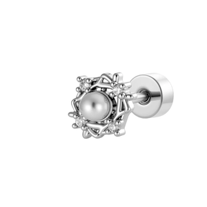 Silver geometric flower stud earring with white pearl and sparkling crystals on white background