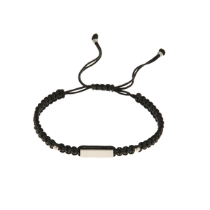 Handwoven black cord bracelet with adjustable silver metal plate for men and women