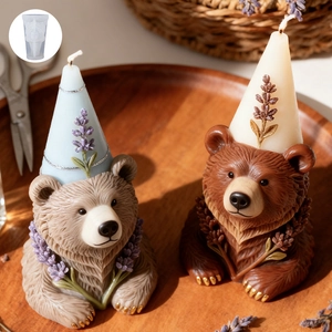 Detailed bear shaped silicone candle mold with textured fur and dried lavender decor