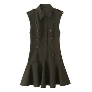 Robe Mini Sans Manches Style Militaire Femme Double Boutonnage Revers Épaulettes Ourlet À Volants Vert Armée