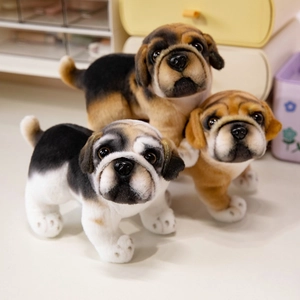 Three realistic pug and bulldog plush puppies for kids comfort in a cozy setting