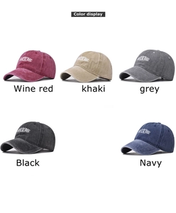 Color display of washed cotton baseball caps featuring AWESOME embroidery in five shades