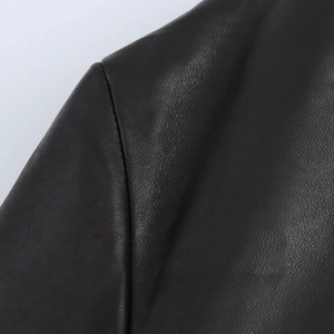 Macro view showing detailed texture and shoulder stitching of black PU leather jacket