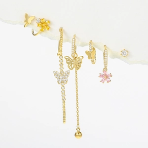 Butterfly Flower Copper Zircon Earrings Ear Cuffs Studs With 925 Sterling Silver Earring Post Elegant Sweet Jewelry