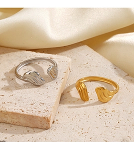 Dettaglio di anelli a forma di ala in oro e argento su pietra e seta fine