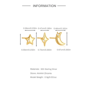 Macro view of gold 925 silver star and moon stud earrings with detailed dimensions