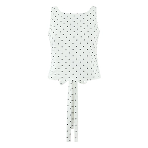 Women's white sleeveless top with black polka dots and stylish front tie detail