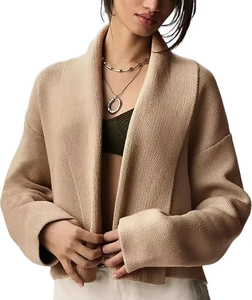 Close-up of beige chunky knit cardigan showing lapel collar and texture detail