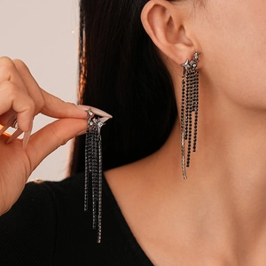 Dark luxury black zircon star tassel earrings for women with dangling silver needle pins