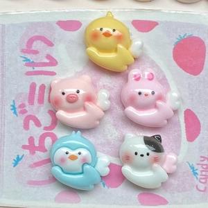 Set of 5 pastel cartoon animal resin charms with white wings for DIY hair clips and crafts