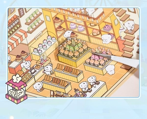 Close-up of thick white ink DIY stickers showing opaque 3D miniature bakery scene details