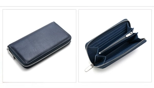 Close-up of deep blue leather wallet showing multi-card slots and internal zipper pocket