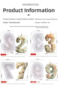Detailed size chart for floral number silicone molds showing mold and finished candle dimensions