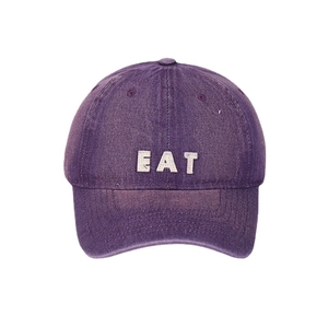 Vintage washed purple denim baseball cap with white EAT embroidery and curved brim