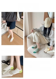 Close-up of combed cotton ankle socks with vibrant color-block design and anti-slip detail