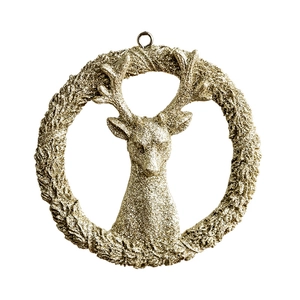 Sparkling champagne gold reindeer head ornament in circular frame for Christmas tree decor
