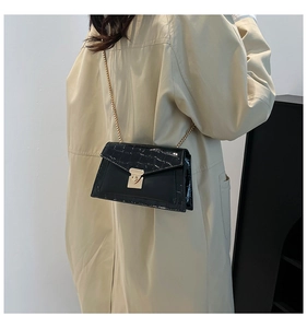 French retro black crocodile pattern crossbody bag with gold chain shown on a model
