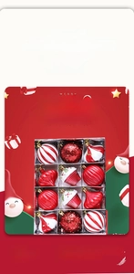 Detailed view of 12pcs red and white Christmas ornaments set with cupcake and ball shapes