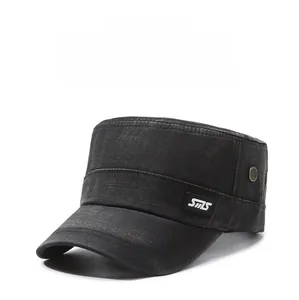 Close-up of washed denim flat top military cap featuring side SMS letter patch detail