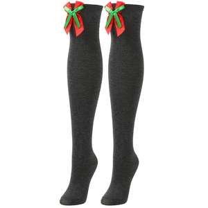 Detail of dark gray over-knee socks with festive red and green Christmas ribbon bows