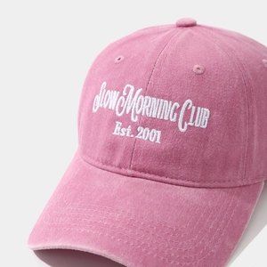 Pink cotton baseball cap with Slow Morning Club vintage embroidery and soft top design