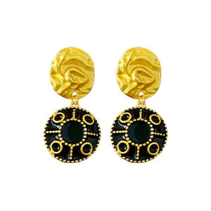 Vintage style gold and black enamel round drop earrings with hammered texture on white background