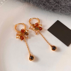 Vintage tiger eye pearl tassel drop earrings in gold finish for an elegant retro look